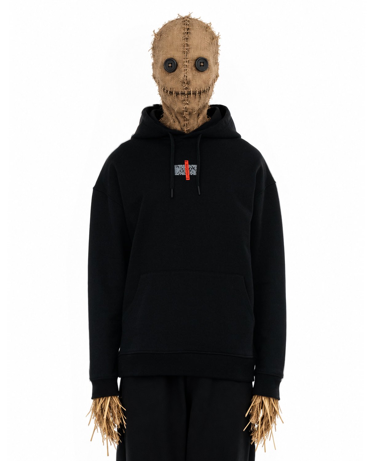 Personaje inventado, espantapájaros de arpillera con ojos de botón, lleva Flag Sudadera con capucha