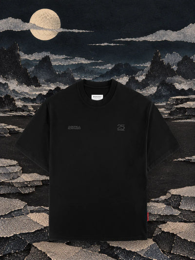 Czarny T-shirt Vertebrae na równinie z czarnego papieru nocą, wśród rzędów ułożonych w stosy kamieni z szarego papieru i księżyca.