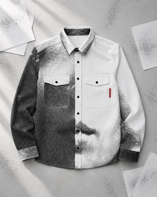 La camicia Mouth appoggiata su un tavolo grigio, con la stampa diventata un ricamo fitto.