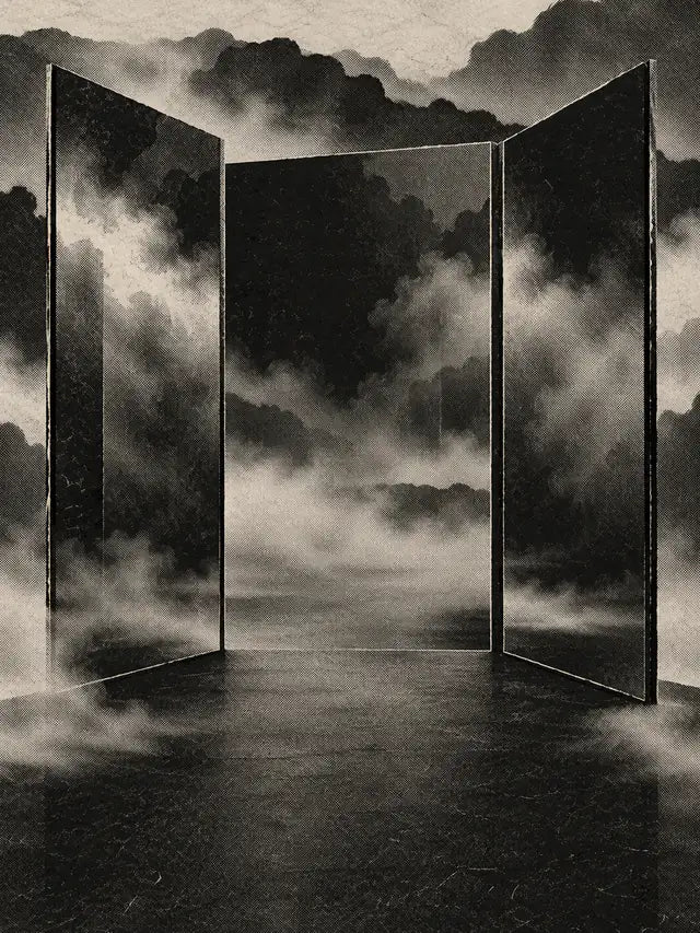 Tre pannelli neri a specchio che riflettono solo nebbia, stampati a retino, senza il capo.