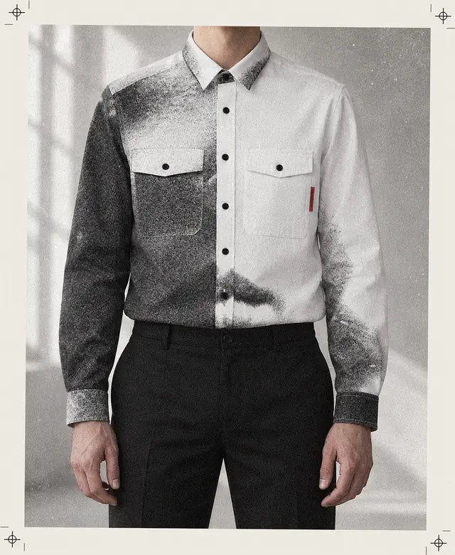 La camicia Mouth su una persona inventata, con la stampa diventata un ricamo.