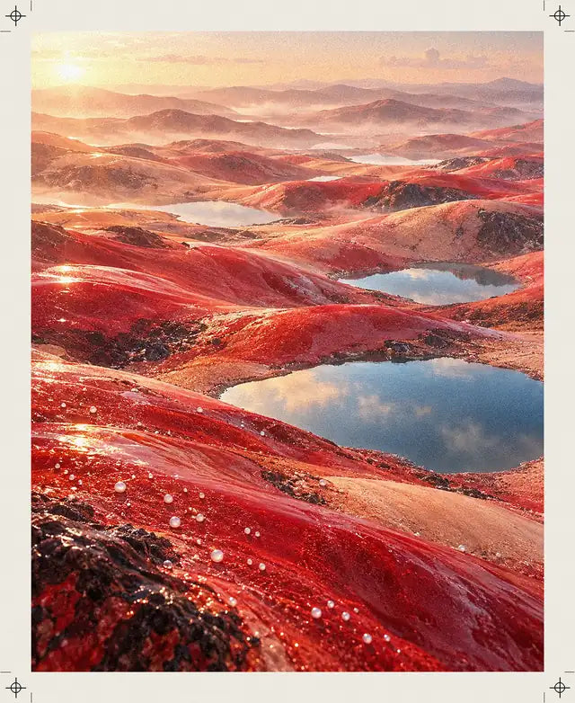 Colline rosse al tramonto con piccoli laghi azzurri.